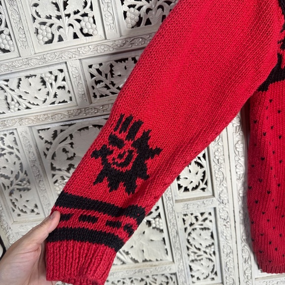 Vintage Black & Red Patchwork Chunky Mockneck Grannycore Grandpa Sweater Sz S - Picture 5 of 8